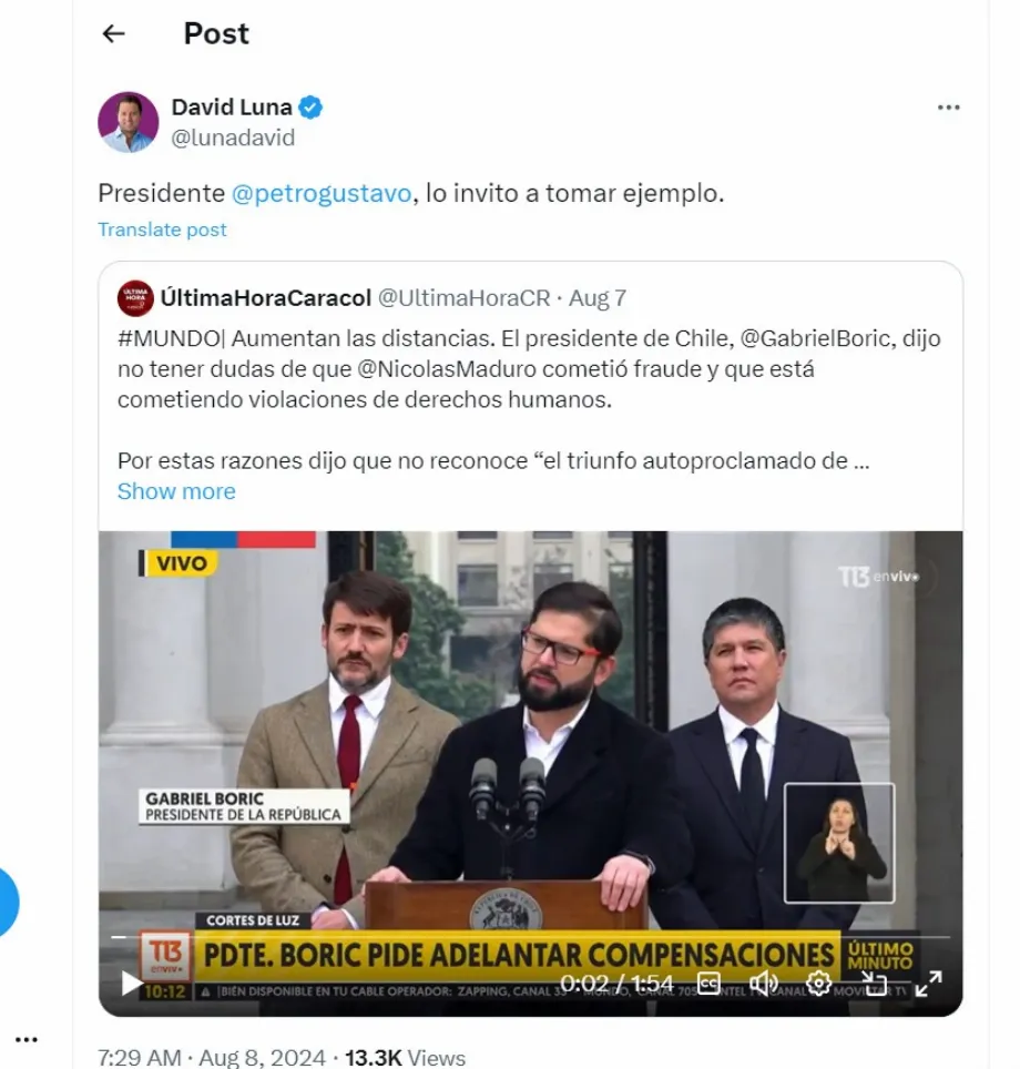 David Luna a souligné que le président du Chili a dit qu'il y avait eu fraude électorale au Venezuela - crédit @lunadavid