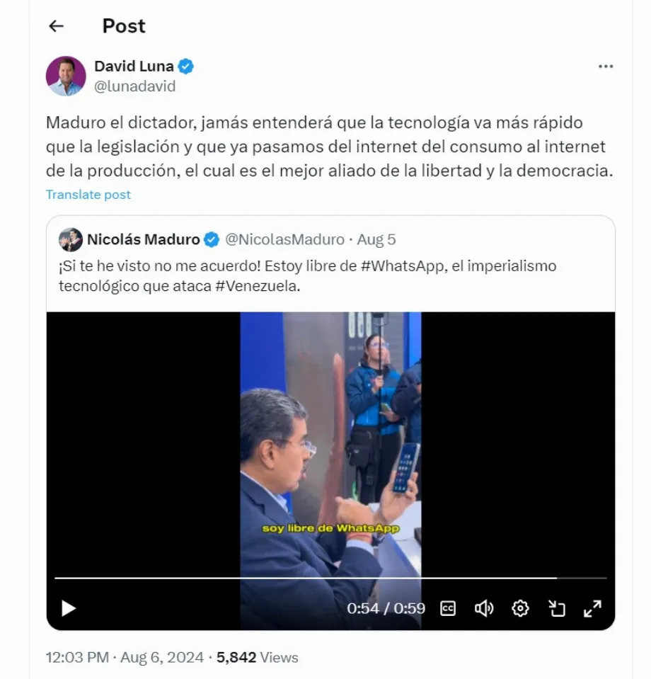 David Luna répond à Nicolás Maduro pour ses attaques contre WhatsApp - crédit @lunadavid