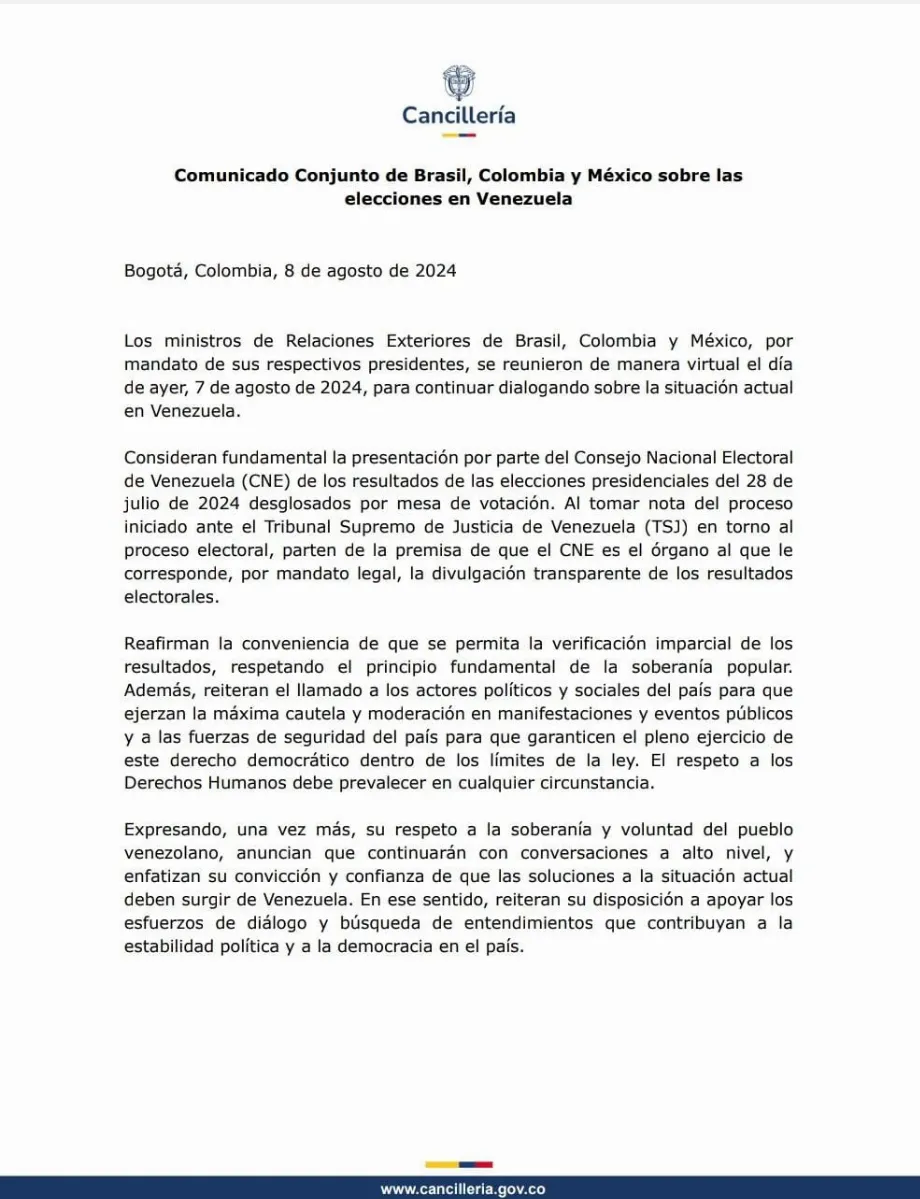 Voici le communiqué de la Colombie, du Brésil et du Mexique sur la situation au Venezuela - crédit @cancilleriacol/X