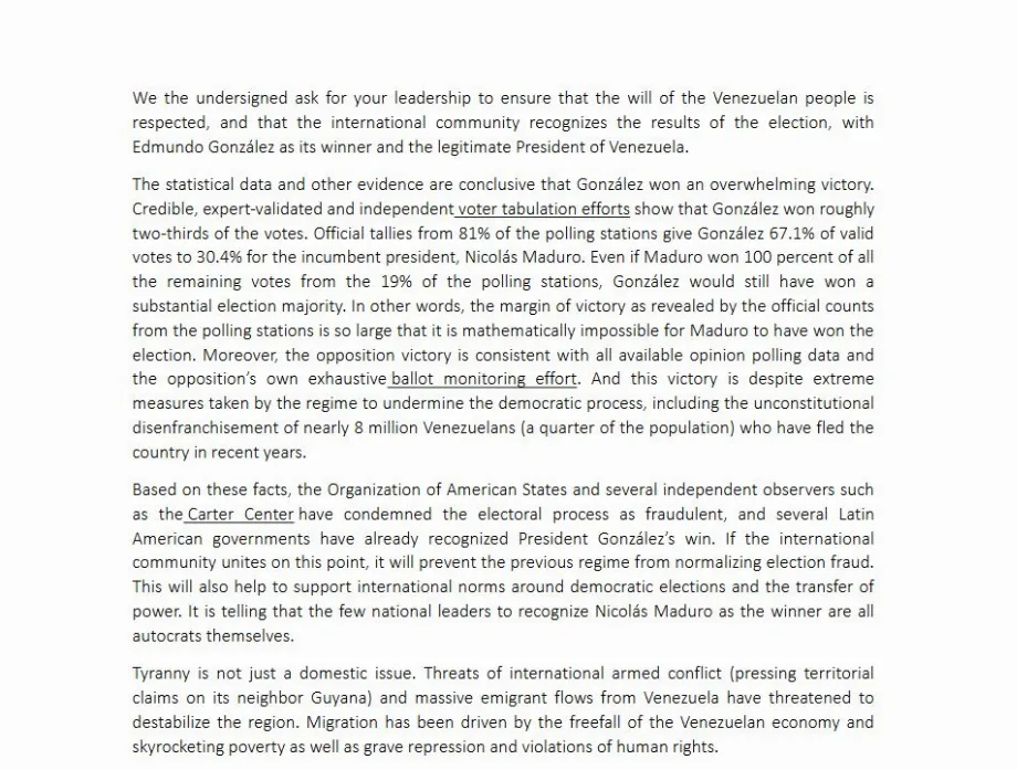 Ceci était la lettre ouverte signée par des leaders internationaux contre Nicolás Maduro comme gagnant des élections au Venezuela - crédit réseaux sociaux/X