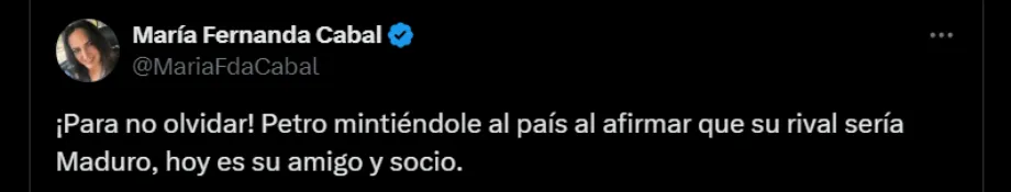 María Fernanda Cabal a de nouveau critiqué le président Gustavo Petro pour la situation au Venezuela - crédit @MariaFdaCabal/X