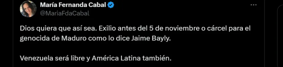María Fernanda Cabal célèbre les nouvelles concernant l'ultimatum à Maduro, révélées par Jaime Bayly - crédit X