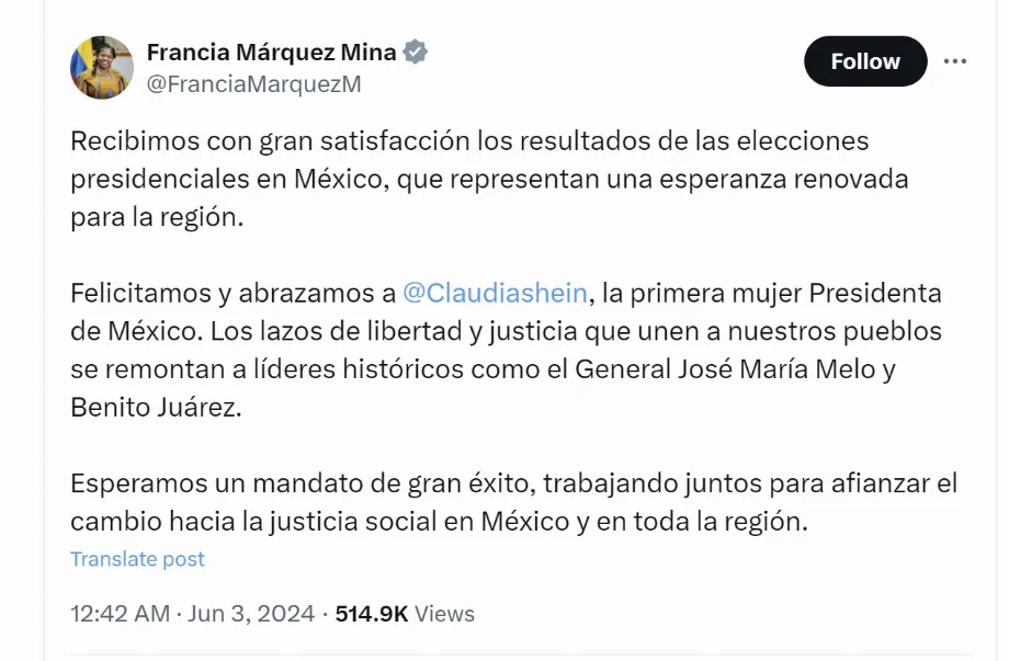 Francia Márquez a célébré les résultats électoraux au Mexique - crédit @FranciaMarquezM/X