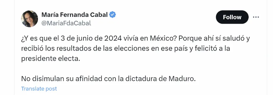 María Fernanda Cabal a questionné la position de Francia Márquez concernant les résultats électoraux au Venezuela - crédit @MariaFdaCabal/X