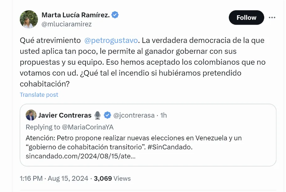 Marta Lucía Ramírez criticized Gustavo Petro's proposal to hold new elections in Venezuela as a solution to the political crisis facing the country - credit @mluciaramirez/X