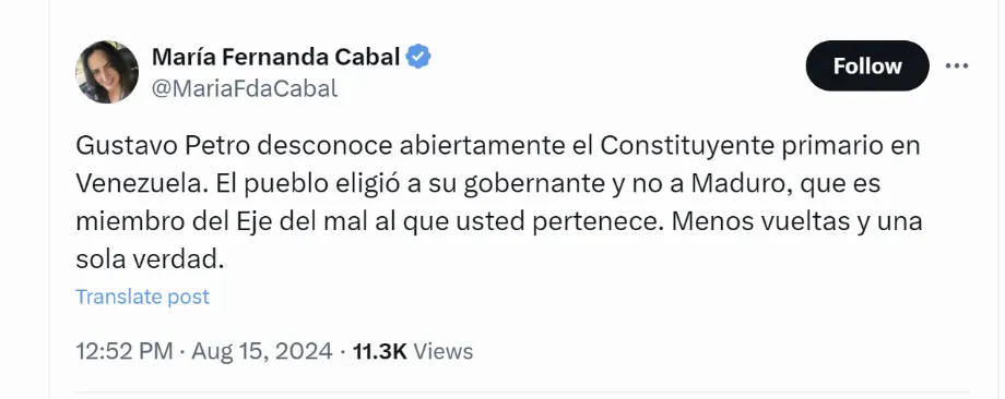 María Fernanda Cabal stated that President Gustavo Petro is disregarding the "primary constituent" in Venezuela - credit @MariaFdaCabal/X