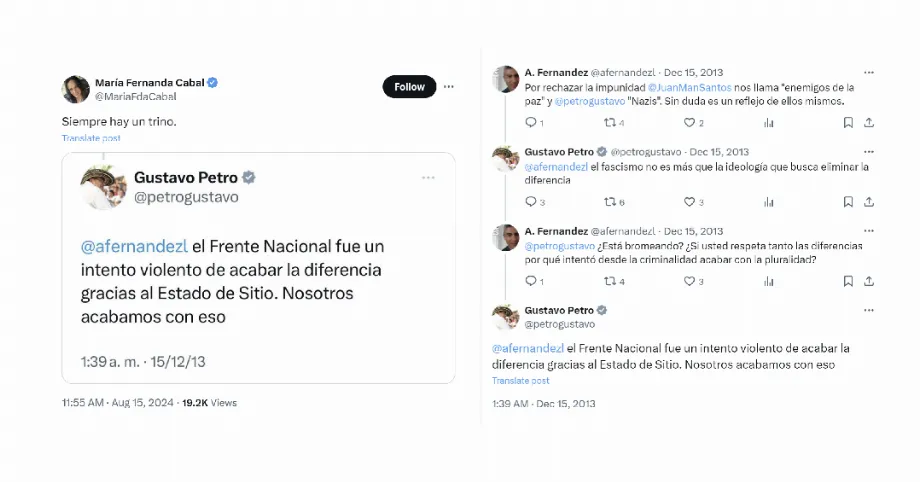 María Fernanda Cabal recalled when President Gustavo Petro stated that the National Front was a "violent attempt" to harm the "difference" in Colombia - credit @MariaFdaCabal/X and @petrogustavo/X