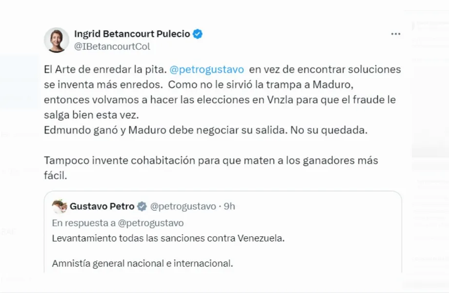 Ingrid Betancourt a rejeté la proposition de Petro pour le Venezuela, arguant que la véritable solution est le départ de Nicolás Maduro et la reconnaissance des résultats des élections présidentielles de juillet - crédit @IBetancourtCol/X