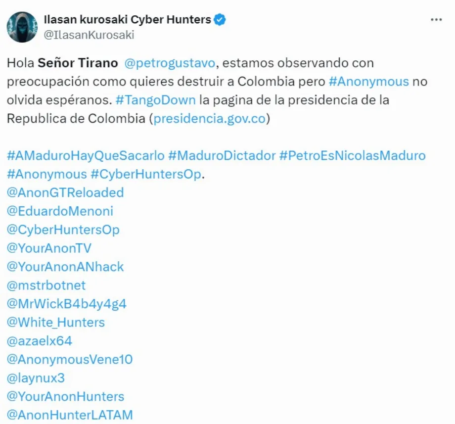 Le collectif a compromis la sécurité numérique des deux pays. Un communiqué sur les réseaux sociaux a déclenché les alarmes en Colombie et a rendu inactive le site de sa présidence - crédit Capture d'écran X