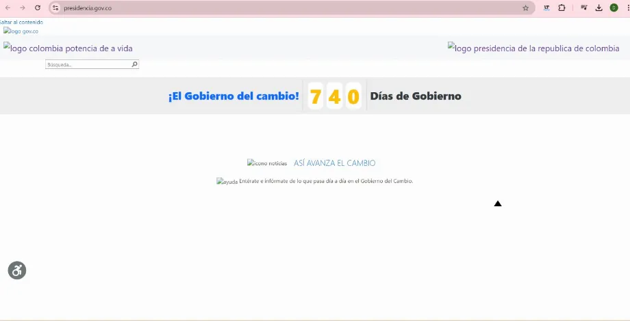 À 12 h 06, le site web de la présidence de la Colombie présente des irrégularités - crédit capture d'écran