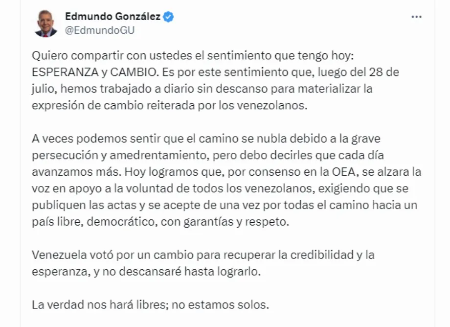 Le candidat de la Plateforme Unitaire Démocratique a affirmé que la résolution du Conseil Permanent “démontre un ferme soutien des pays des Amériques aux droits de l'homme des Vénézuéliens et au respect de la souveraineté populaire”