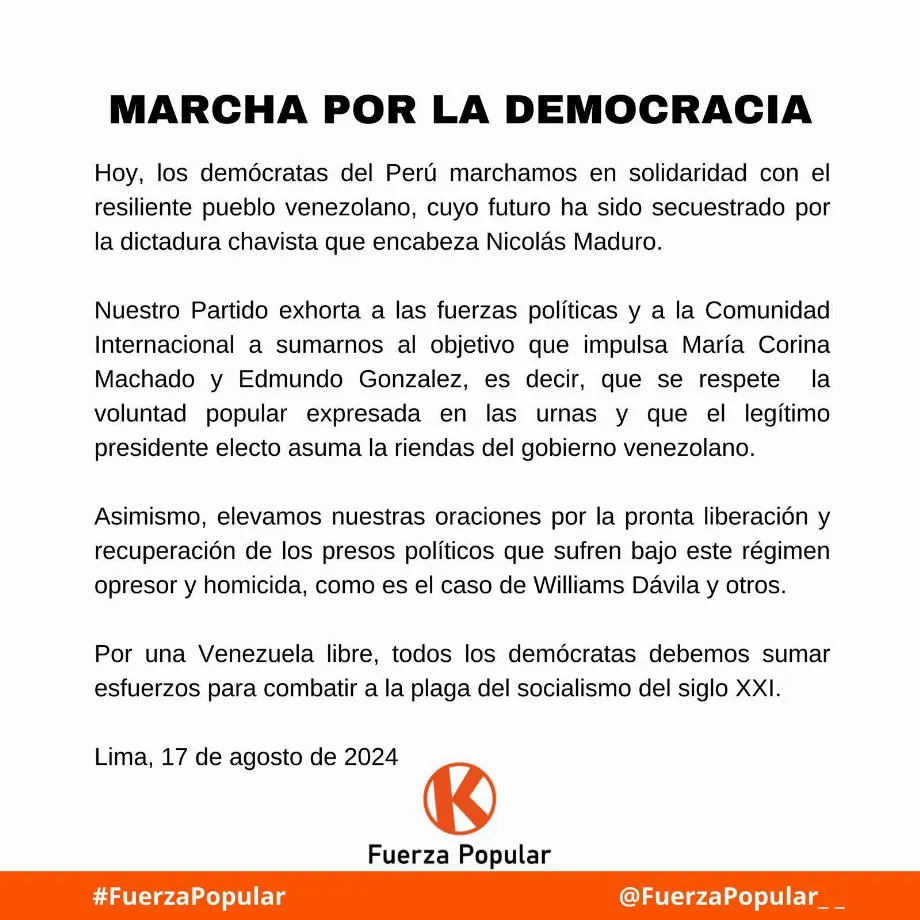 Communication from the party led by Keiko Fujimori. | Fuerza Popular