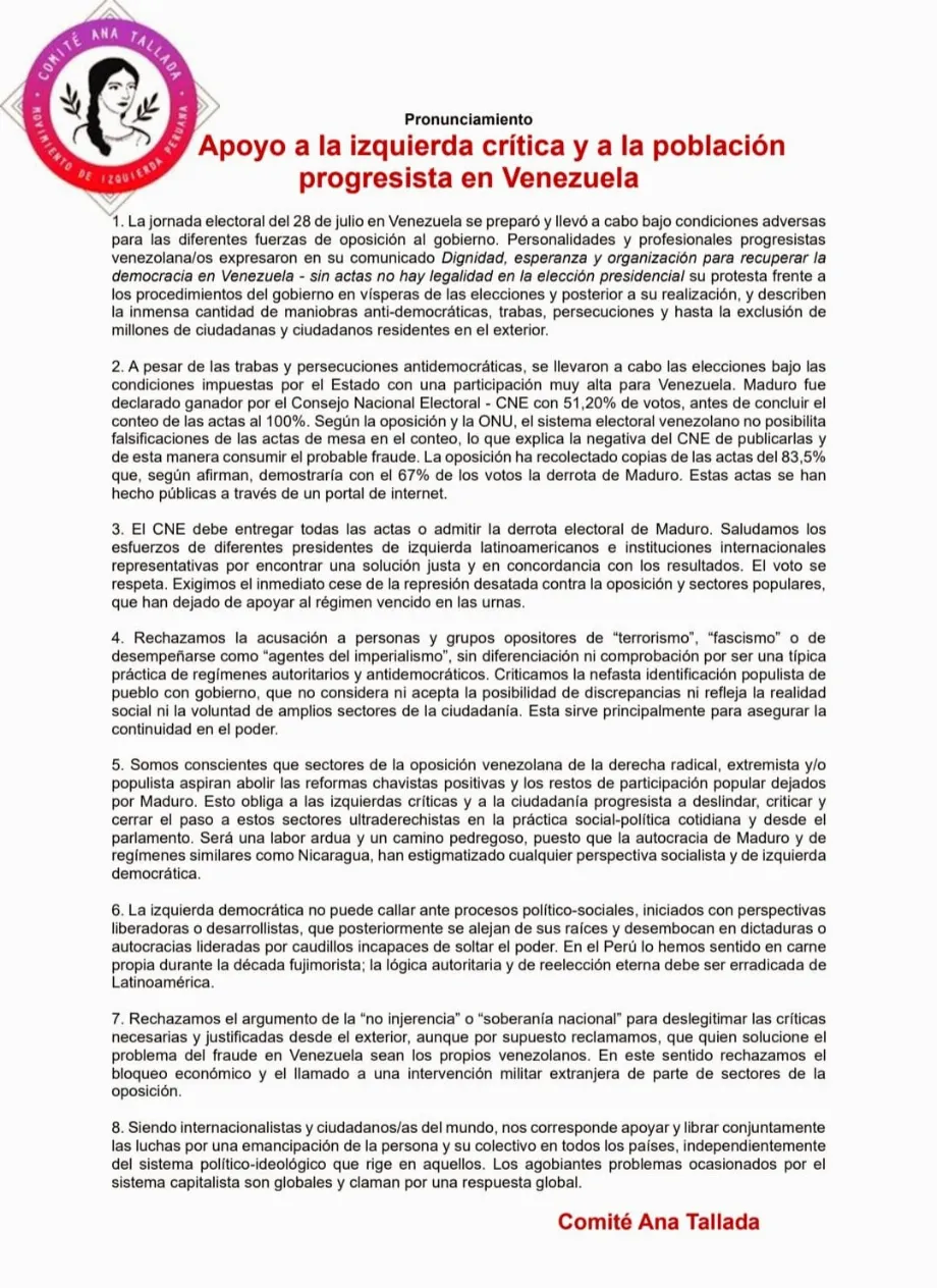 Statement published through their official social networks. | Comité Ana Tallada