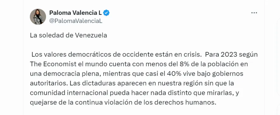 Paloma Valencia publie une colonne sur la crise au Venezuela - crédit @PalomaValenciaL/x