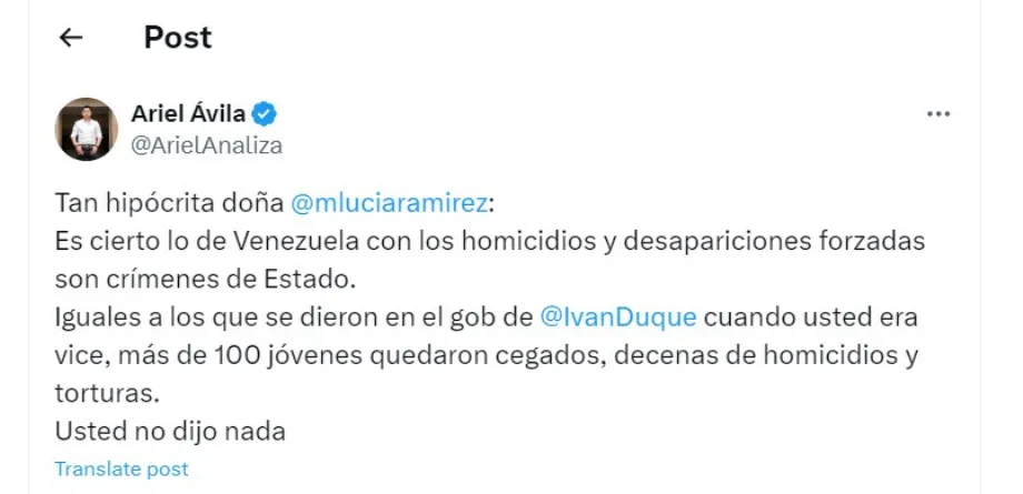 Ariel Ávila traite Marta Lucía Ramírez d'hypocrite - crédit @ArielAnaliza