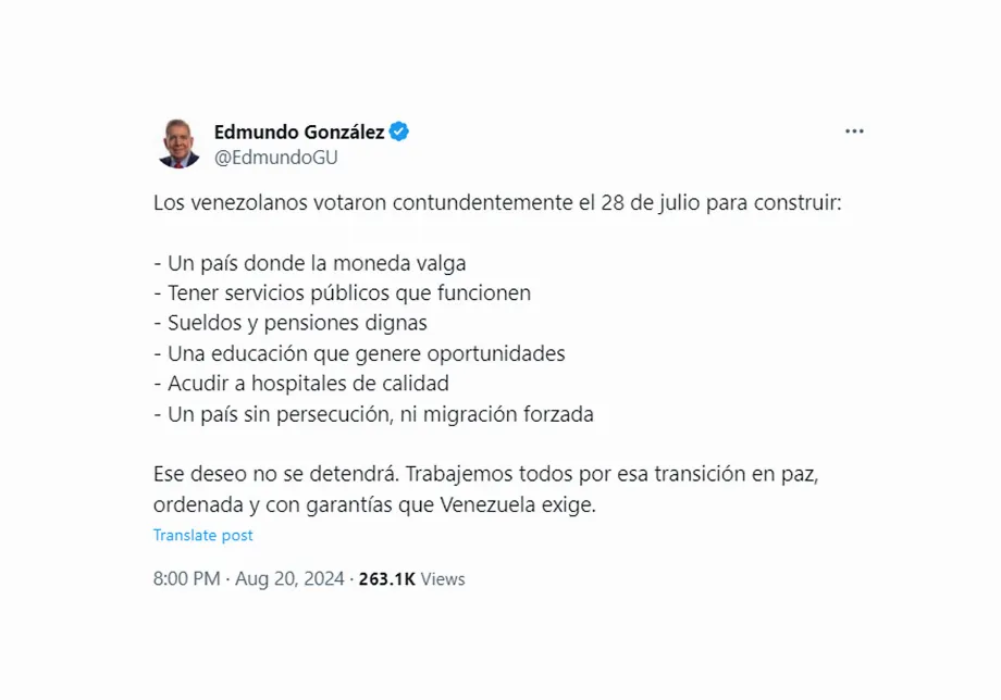Le message de Edmundo González Urrutia sur X