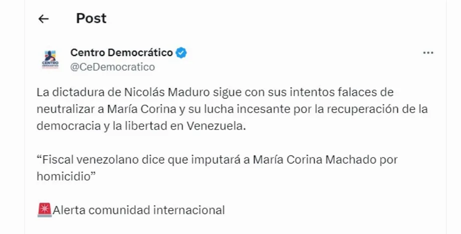 Centro Democrático parle d'une possible inculpation de María Corina Machado - crédit @CeDemocratico