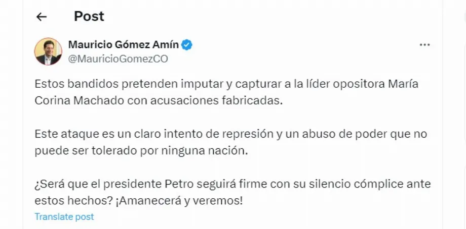 Le sénateur Mauricio Gómez explose face à la possible inculpation de María Corina Machado - crédit @MauricioGomezCO