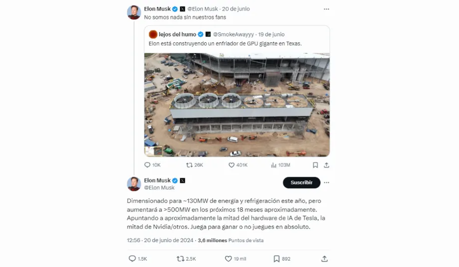 Le centre de données sera équipé de six ventilateurs sur le toit pour aider au refroidissement du site. (X : elonmusk)