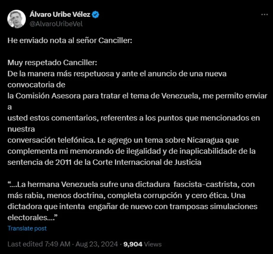 L'ancien président Álvaro Uribe a confirmé avoir parlé avec le ministre Murillo du sujet Venezuela - crédit @AlvaroUribeVel/X