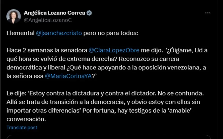 Angélica Lozano a réitéré son soutien à la transition démocratique au Venezuela via les réseaux sociaux - crédit @AngelicaLozanoC/X