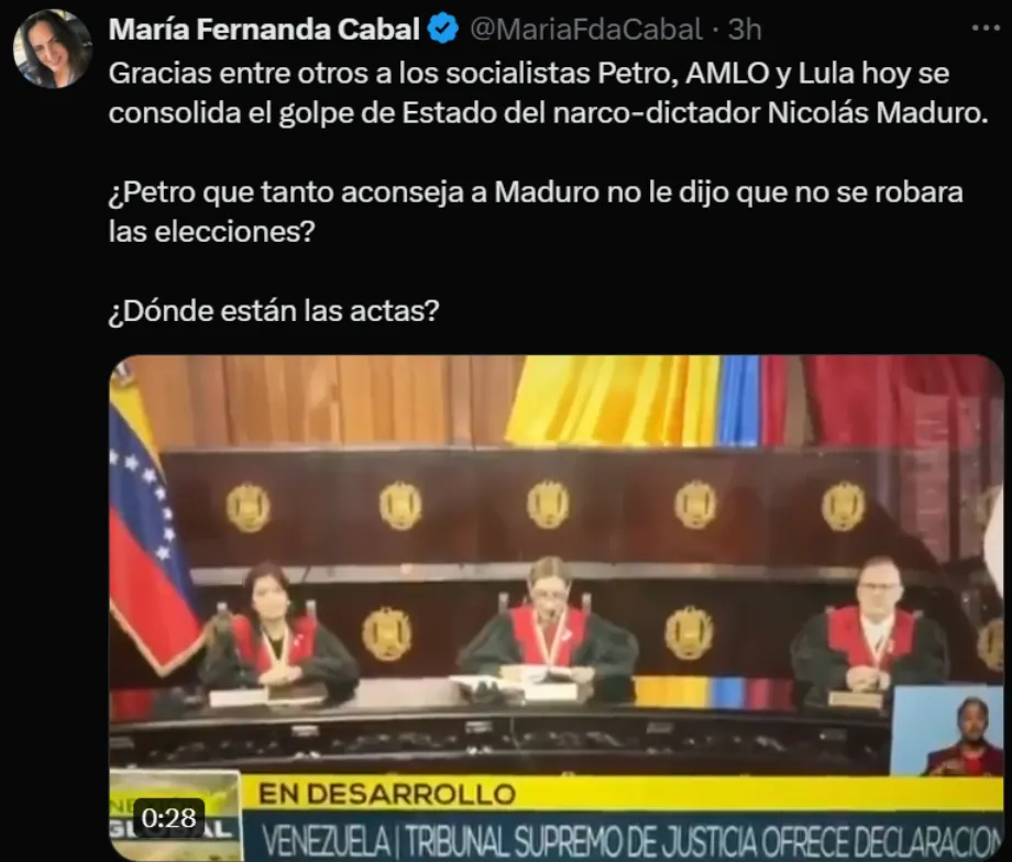 La congressiste a assuré que le coup d'État de Maduro s'est consolidé - crédit @MariaFdaCabal/X