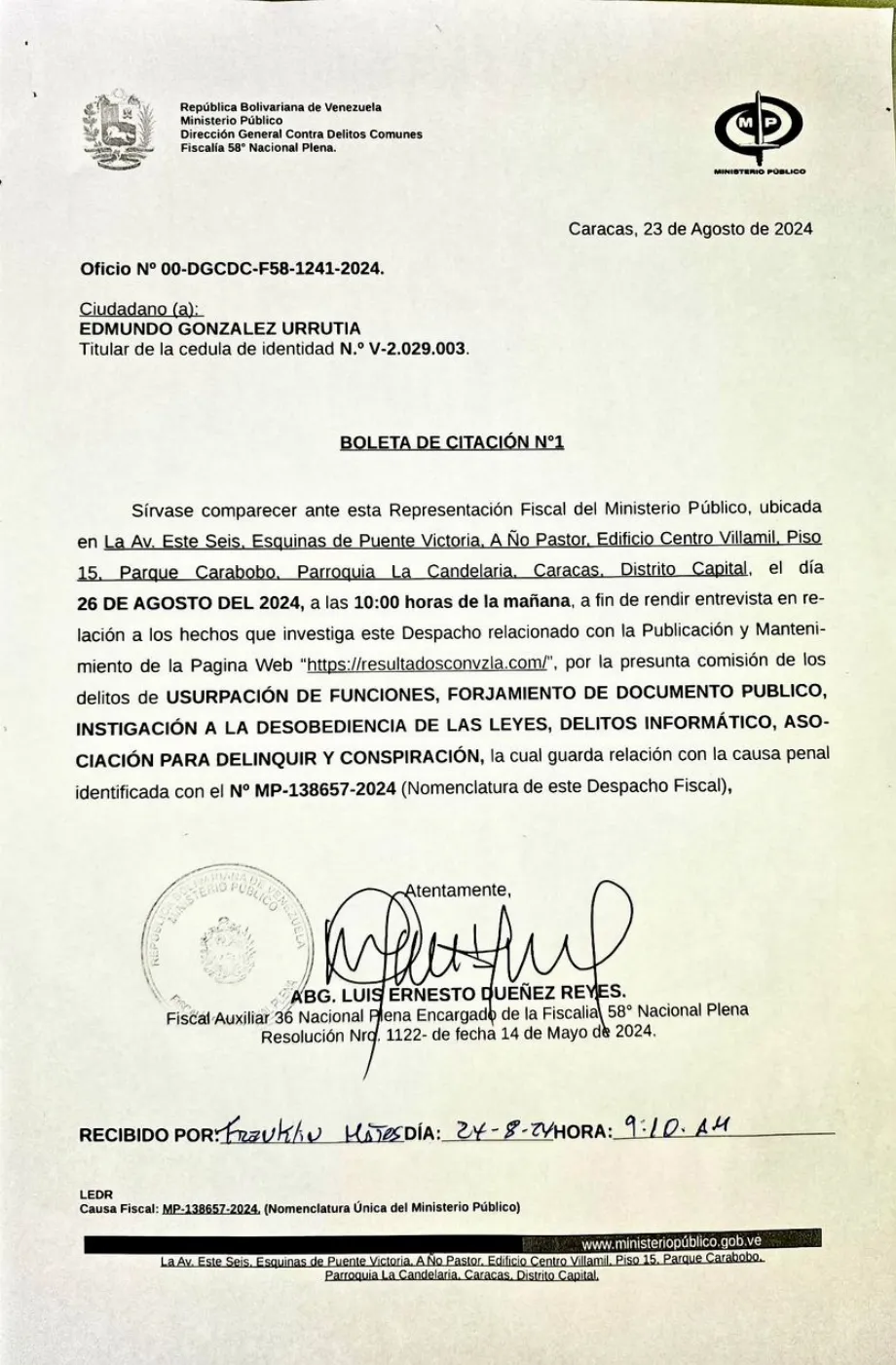 La Fiscalía chaviste du Venezuela a cité González Urrutia pour lundi sur la supposée "conspiration" (EFE/Ministère Public du Venezuela)