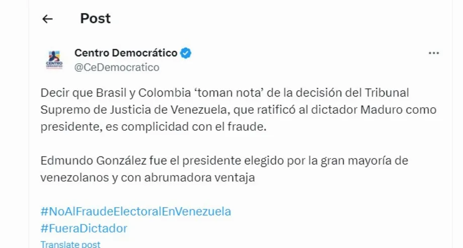 Centro Democrático parle du communiqué du Brésil et de la Colombie concernant le Venezuela - crédit @CeDemocratico