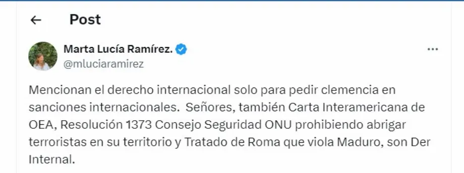 Marta Lucía Ramírez a montré son désaccord avec le communiqué des gouvernements du Brésil et de la Colombie - crédit