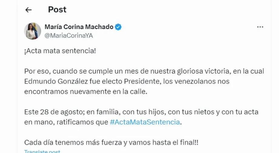 María Corina Machado réagit à la décision du Tribunal suprême de justice du Venezuela - crédit @MariaCorinaYA