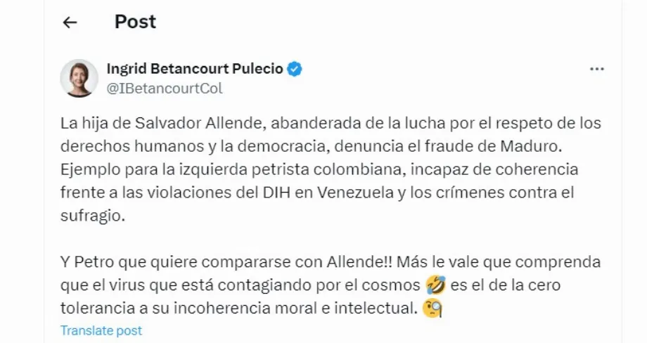 Ingrid Betancourt dit que Gustavo Petro veut se comparer à Salvador Allende - crédit @IBetancourtCol