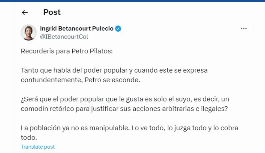 Ingrid Betancourt a remis en question le communiqué conjoint du Brésil et de la Colombie sur le Venezuela - crédit @IBetancourtCol