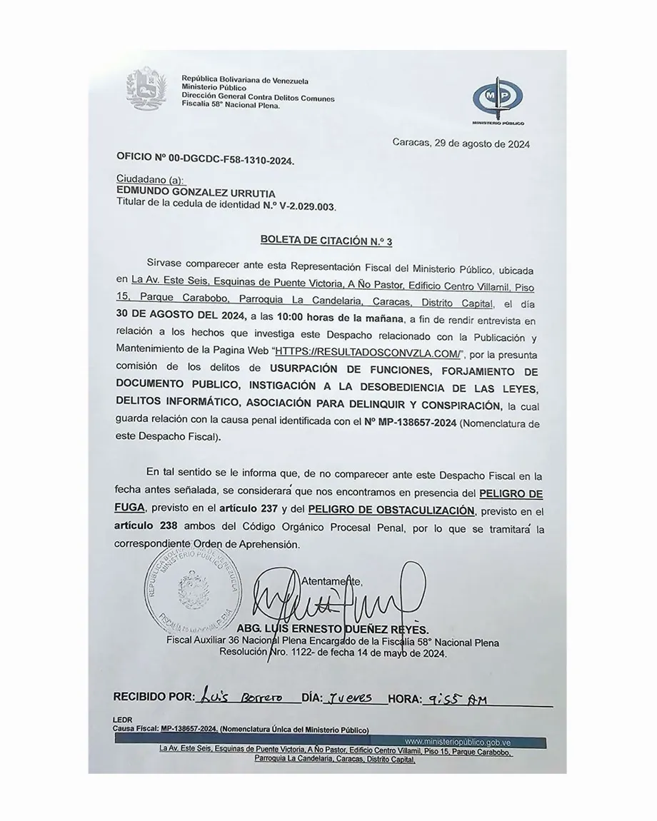 La Fiscalía chavista citó por tercera vez a González Urrutia