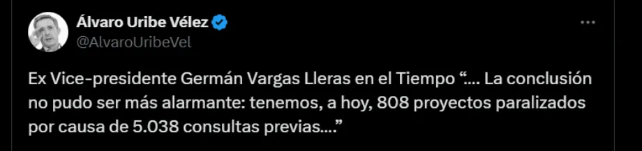 Ancien président Álvaro Uribe sur ce que Germán Vargas Lleras a dit - crédit @AlvaroUribeVel/X