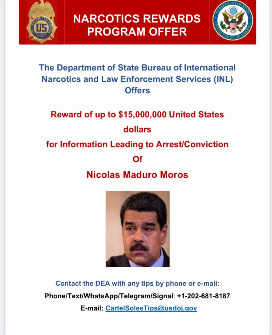 Les États-Unis ont fixé une récompense allant jusqu'à 15 millions de dollars pour toute information conduisant à l'arrestation de Maduro