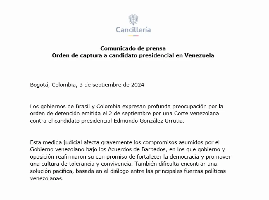 Voici le communiqué du Ministère des Affaires Étrangères sur le mandat d'arrêt contre Edmundo González, émis conjointement avec le gouvernement du Brésil - crédit @cancilleriacol/X