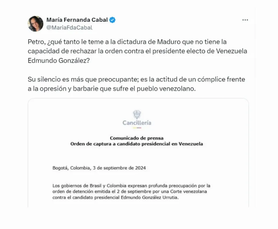 Avec ce message, la sénatrice María Fernanda Cabal a critiqué le communiqué du Ministère des Affaires Étrangères sur la relation avec le Venezuela - crédit @mariafdacabal/X