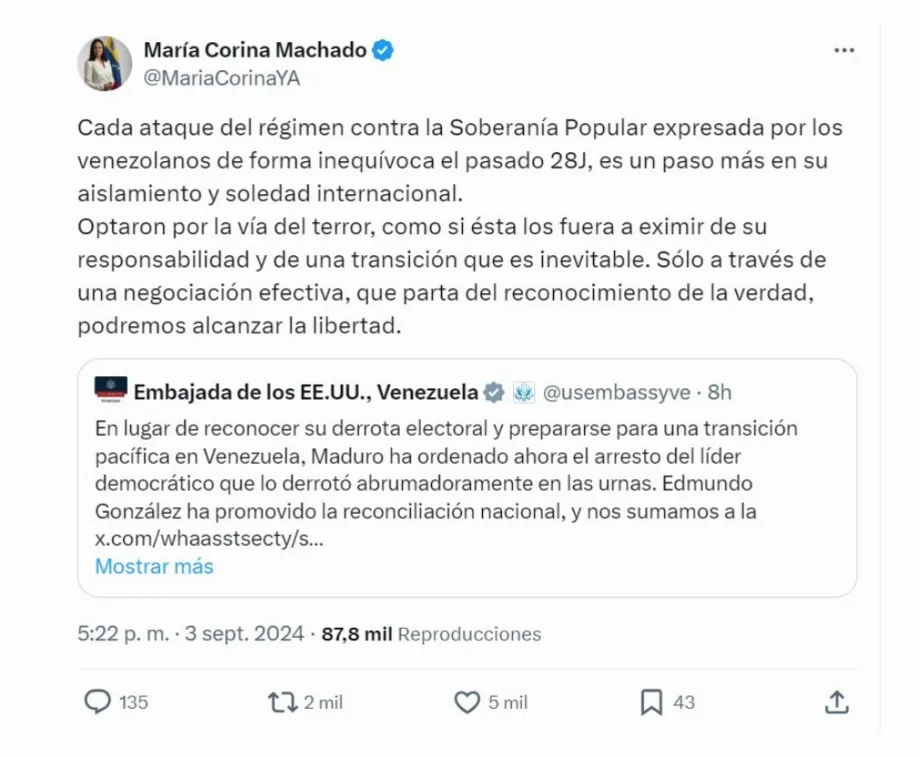 Avec ce message, María Corina Machado s'est de nouveau prononcée sur la situation au Venezuela et les décisions d'arrêter des membres de l'opposition - crédit @MariaCorinaYA/X
