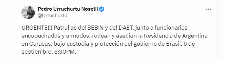 Pedro Urruchurtu, coordinateur international du parti Vente Venezuela (VV) et l'un des réfugiés, a dénoncé la situation via son compte sur le réseau social X