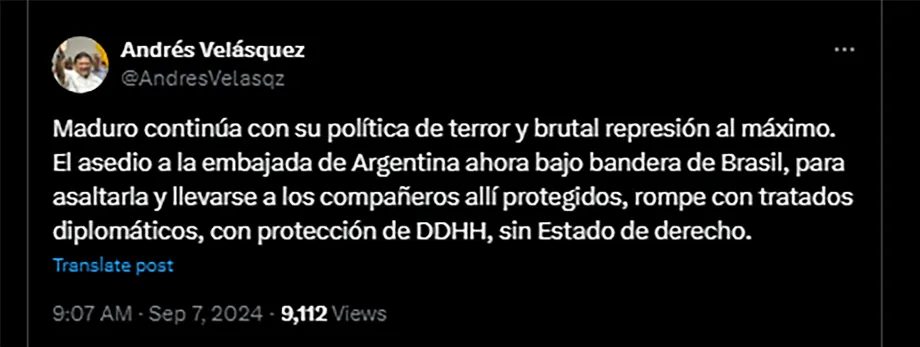 Le message d'Andrés Velásquez