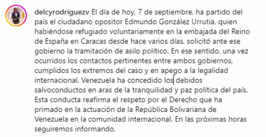 Le départ de González Urrutia survient après avoir passé plusieurs jours réfugié dans l'Ambassade d'Espagne à Caracas, où il a demandé l'asile politique face aux menaces et à la persécution du régime de Maduro