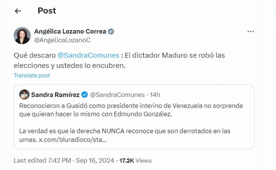Angélica Lozano dit que Nicolás Maduro a volé les élections au Venezuela - crédit @AngelicaLozanoC