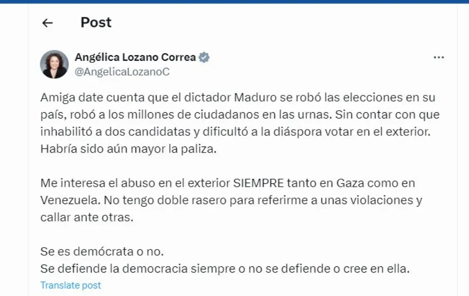 Angélica Lozano a remis en question le résultat des élections au Venezuela - crédit @AngelicaLozanoC