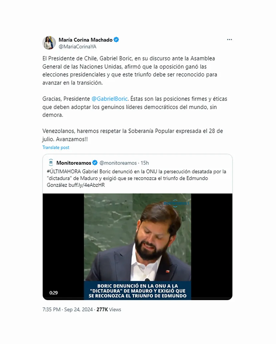 María Corina Machado a remercié Gabriel Boric pour ses paroles envers le Venezuela à l'ONU