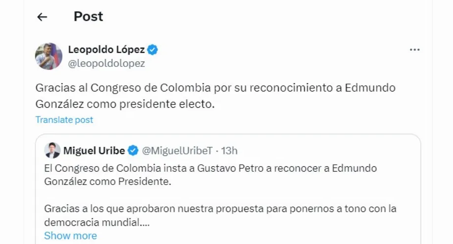 Leopoldo López, leader de l'opposition vénézuélienne, a remercié le Congrès colombien pour son soutien à Edmundo González - crédit @leopoldolopez