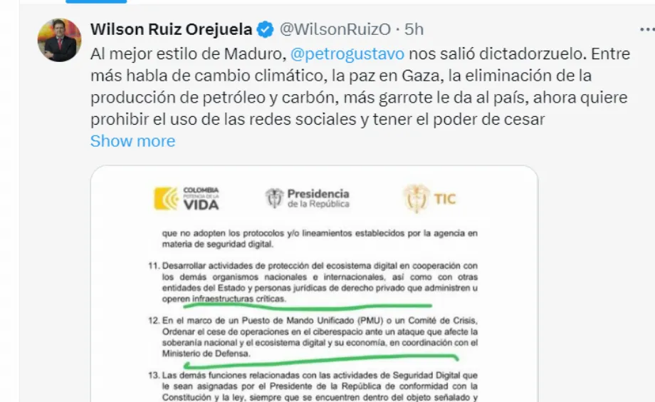 Ruiz a comparé la mesure au contrôle d'Internet exercé par Nicolás Maduro au Venezuela - crédit @WilsonRuizO/X
