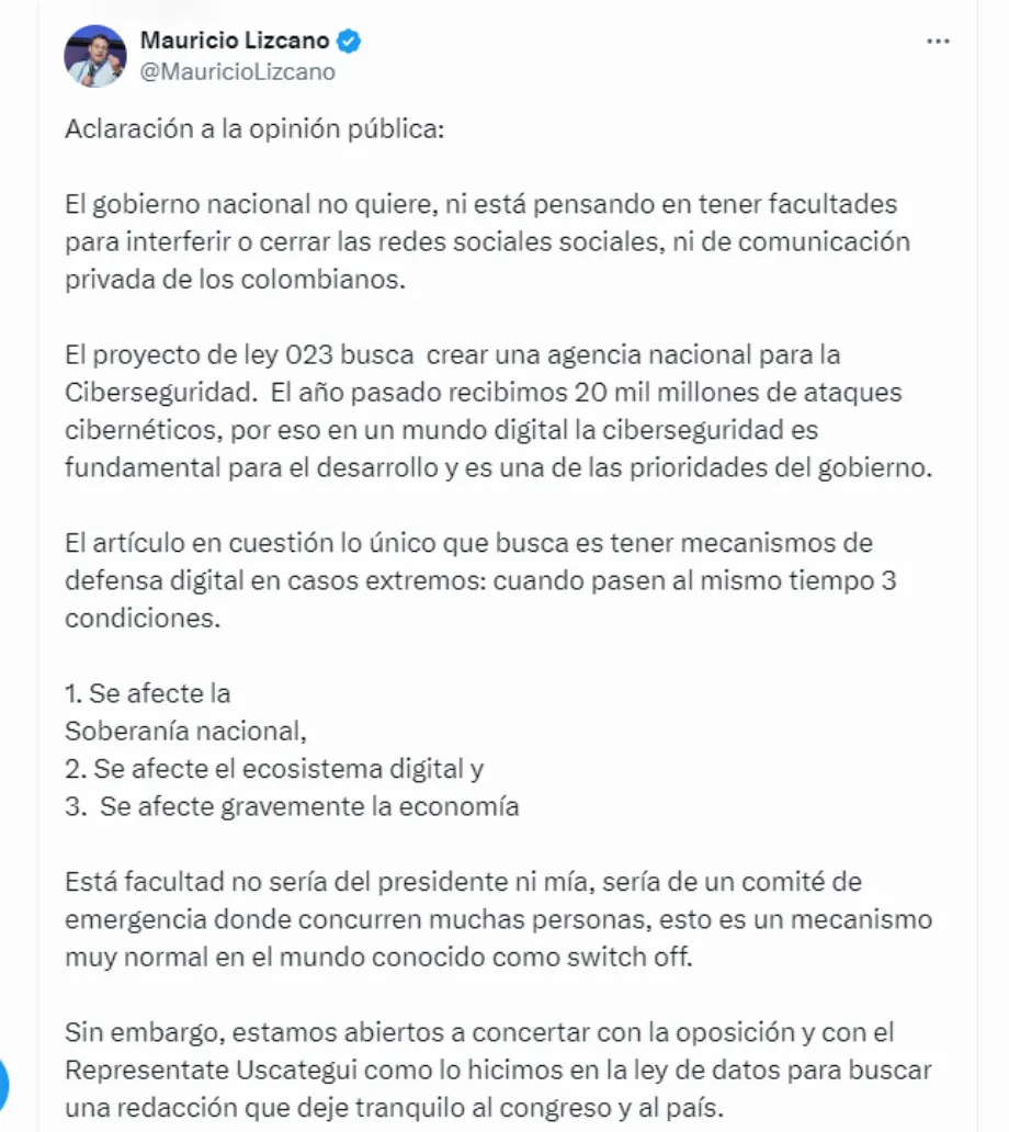 Mauricio Lizcano, ministre des TIC, a nié que le Gouvernement cherche à contrôler les réseaux sociaux ou les communications privées - crédit @MauricioLizcano/X