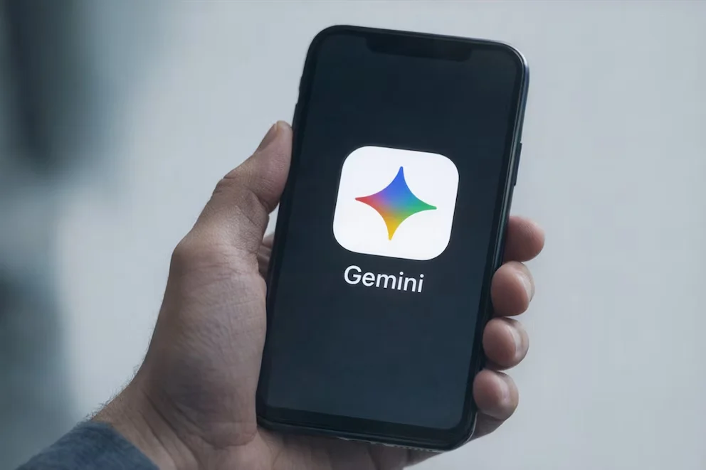 Main d'une personne tenant un téléphone portable avec le logo Gemini de Google sur l'écran.