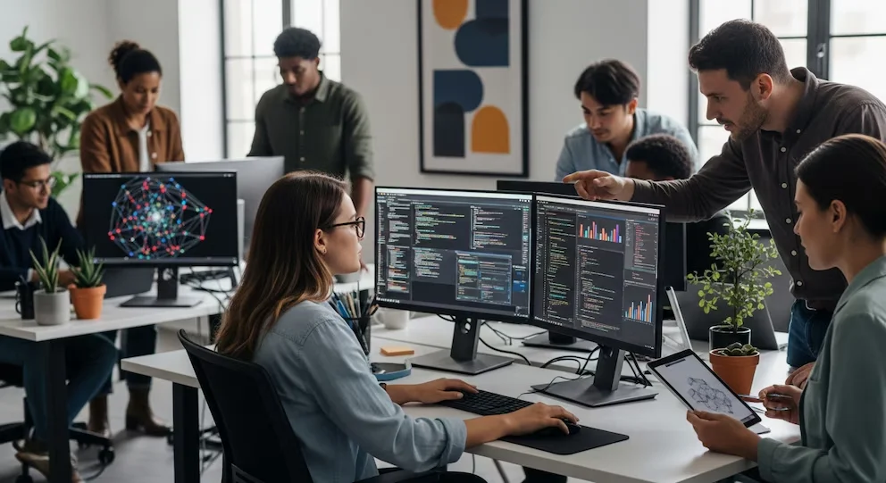 Plusieurs personnes collaborent dans un bureau moderne en utilisant des ordinateurs avec des écrans de graphiques et de code.