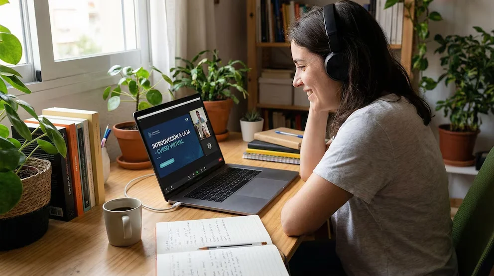 Femme avec des écouteurs assise devant un ordinateur portable suivant un cours virtuel dans une pièce avec des plantes.